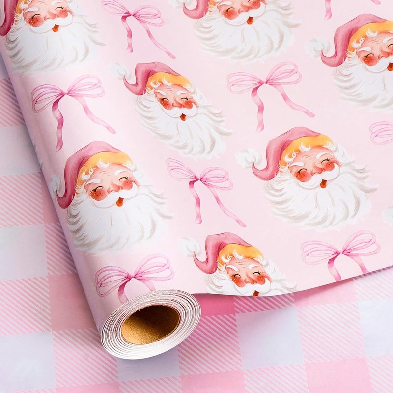 MAYPLUSS Christmas Wrapping Paper Roll - 17 Inch X 33 Feet - Pink Cute Bow Santa Claus Reversible Plaid Gift Wrapping Paper, Thick Wrap Paper for Holiday Party New Year Kids - Image 1